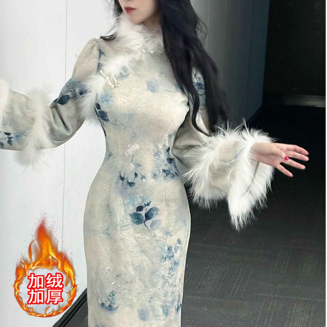 画报夫人旗袍新中式国风秋冬厚款倒大袖改良旗袍温柔文艺范连衣裙