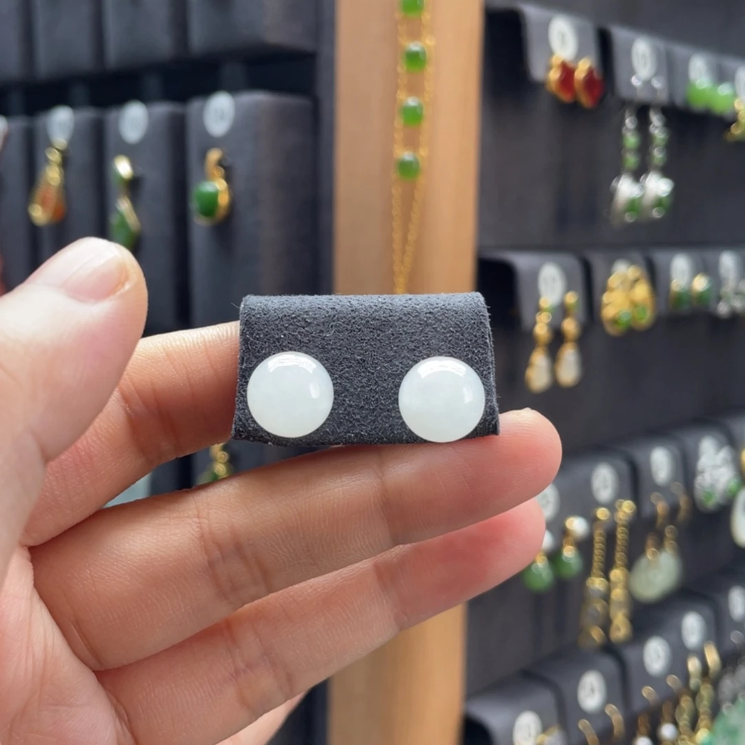 和田玉银S925镶嵌耳饰661号卡10mm白玉圆珠耳钉