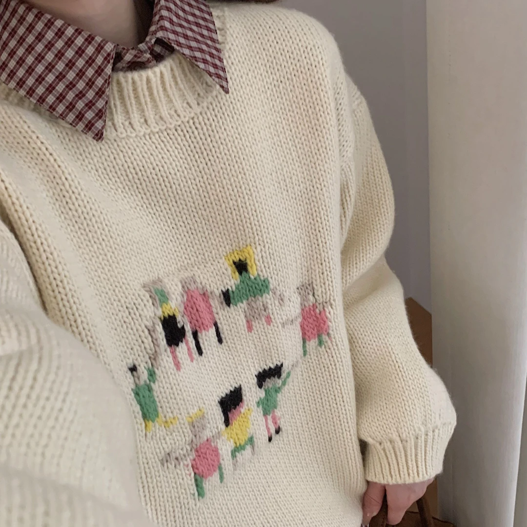 T2795 好朋友一起拉手手 韩系卡通提花毛衣