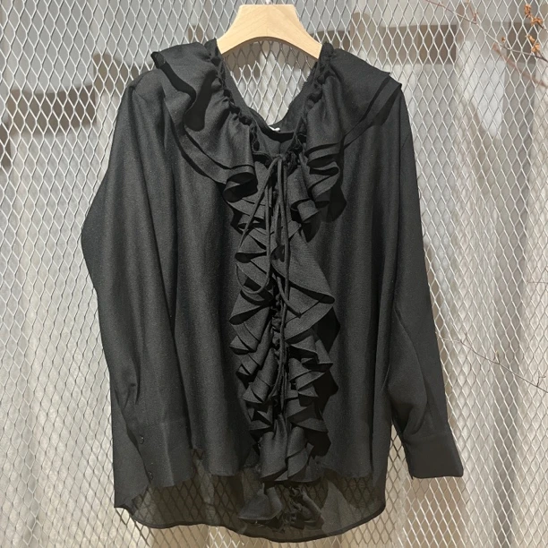 AW 小众设计法式仙气荷叶边系带v领飘逸小衫长袖衬衫1412