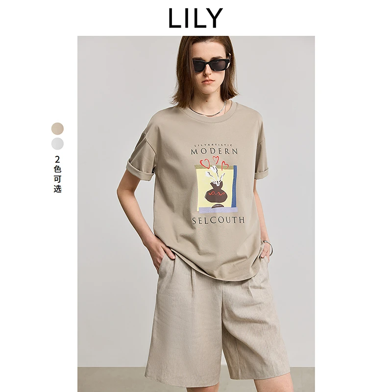 LILY2025夏新款花朵印花图案圆领短袖T恤125219VT968