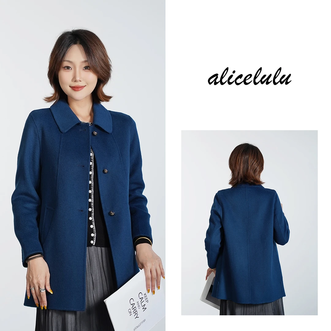 [alicelulu]时尚百搭通勤翻领纯色宽松显瘦毛呢大衣S2144748T