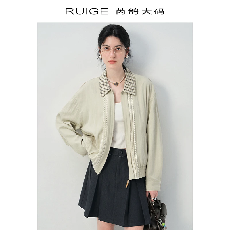 芮鸽微胖定制短款翻领外套长袖格纹夹克宽松微胖mm上衣0055RR