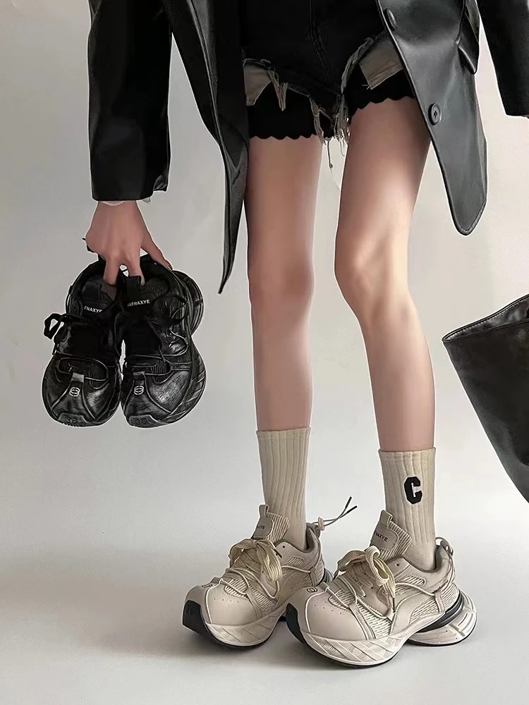 2025显脚小厚底老爹鞋女款2025新款春秋轻便增高百搭运动鞋子