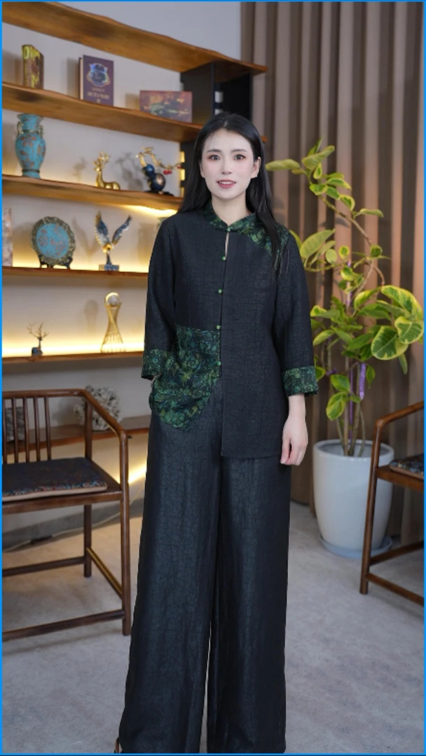 栖栖沐染秋季新款桑蚕丝龟纹拼接花萝香云纱新中式衬衫上衣Y50939