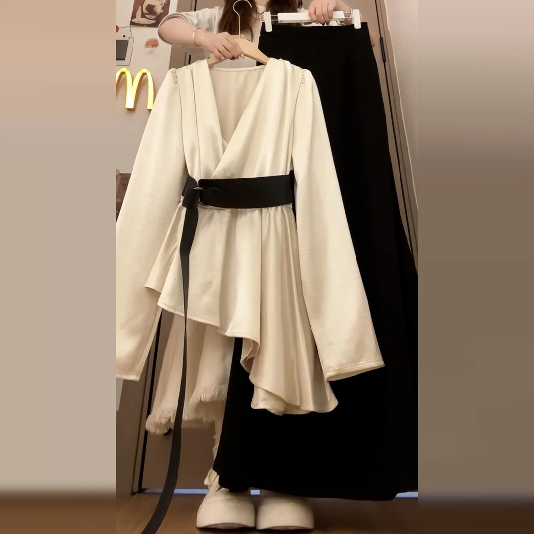 韩系不规则衬衫连衣裙子女早秋冬季2025新款鱼尾裙长裙搭配一整套