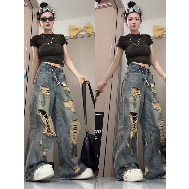 美式复古乞丐破洞牛仔裤男女款夏季薄款微喇叭裤子松弛感阔腿长裤