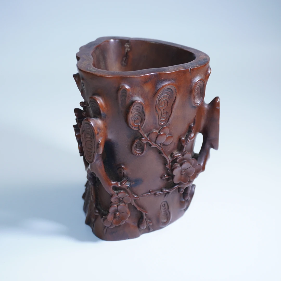 清中期黄杨木雕梅花纹笔筒250821*杂项*传承