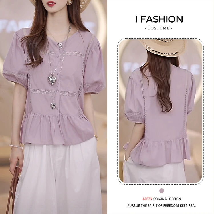 香朵儿法式时尚泡泡袖衬衫女2025年夏季新款洋气时髦百搭粉色上衣