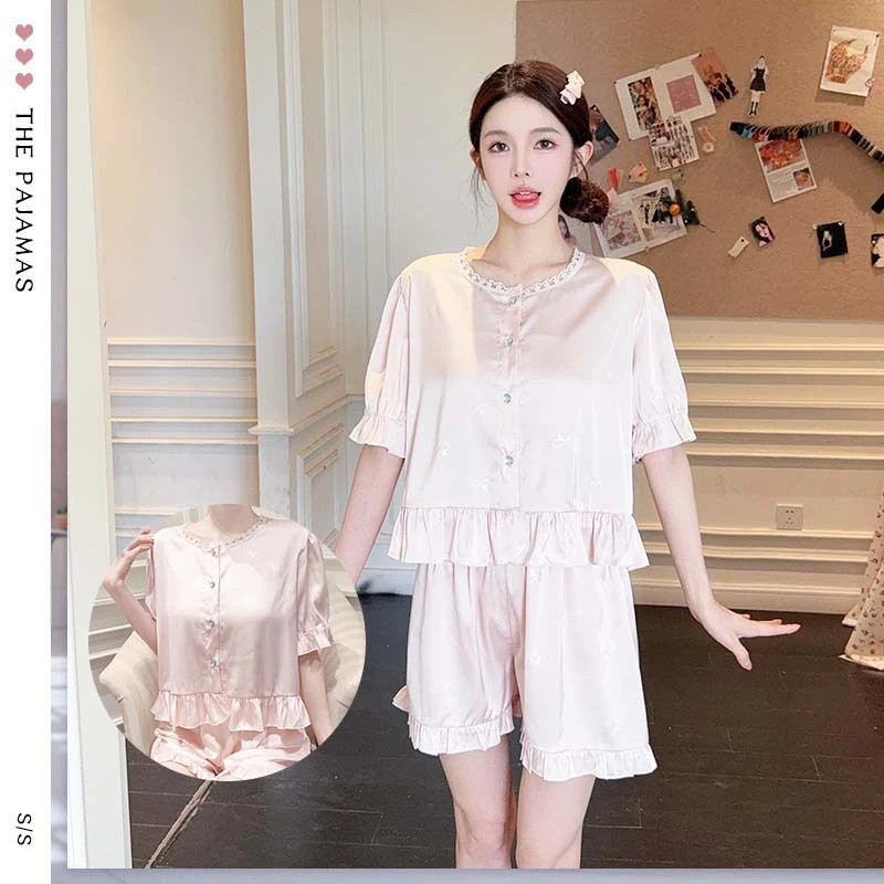 2025新款时尚蝴蝶提花冰丝睡衣女夏季韩式短袖轻奢宫廷风家居服