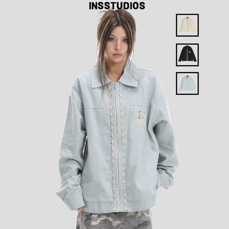 INSstudios国潮牌情侣美式复古织带LOGO工装夹克宽松翻领外套男