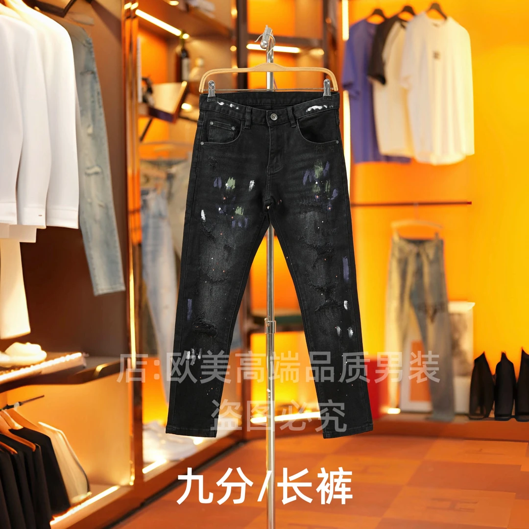 九分裤男士高端美式原创黑色泼墨彩绘破洞牛仔裤修身小脚弹力个性