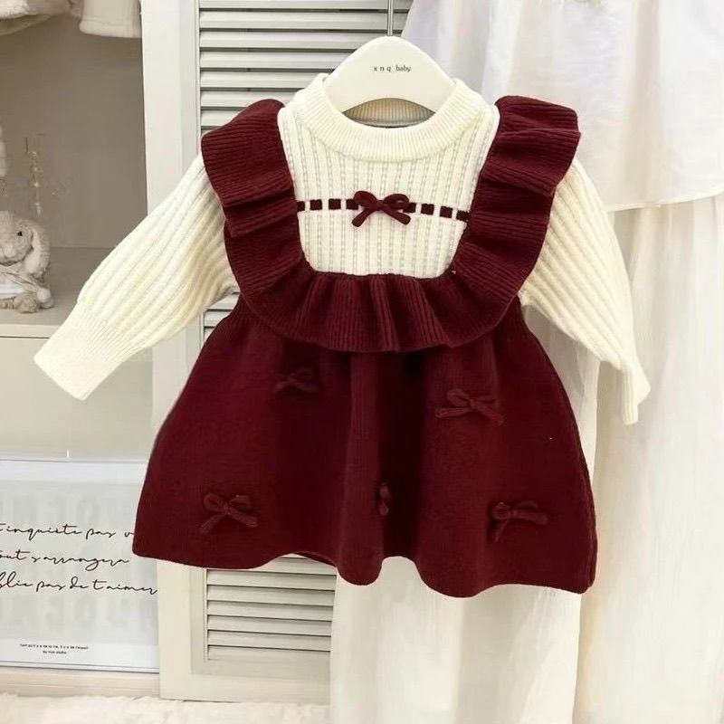 英氏【万达撤柜】秋冬女童甜美荷叶边毛衣裙女宝宝连衣裙公主裙婴儿