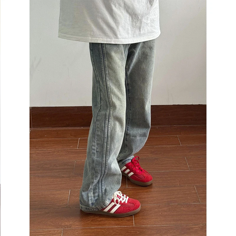 【牛仔裤男款】复古水洗条纹美式牛仔裤vintage设计感潮牌痞帅裤子
