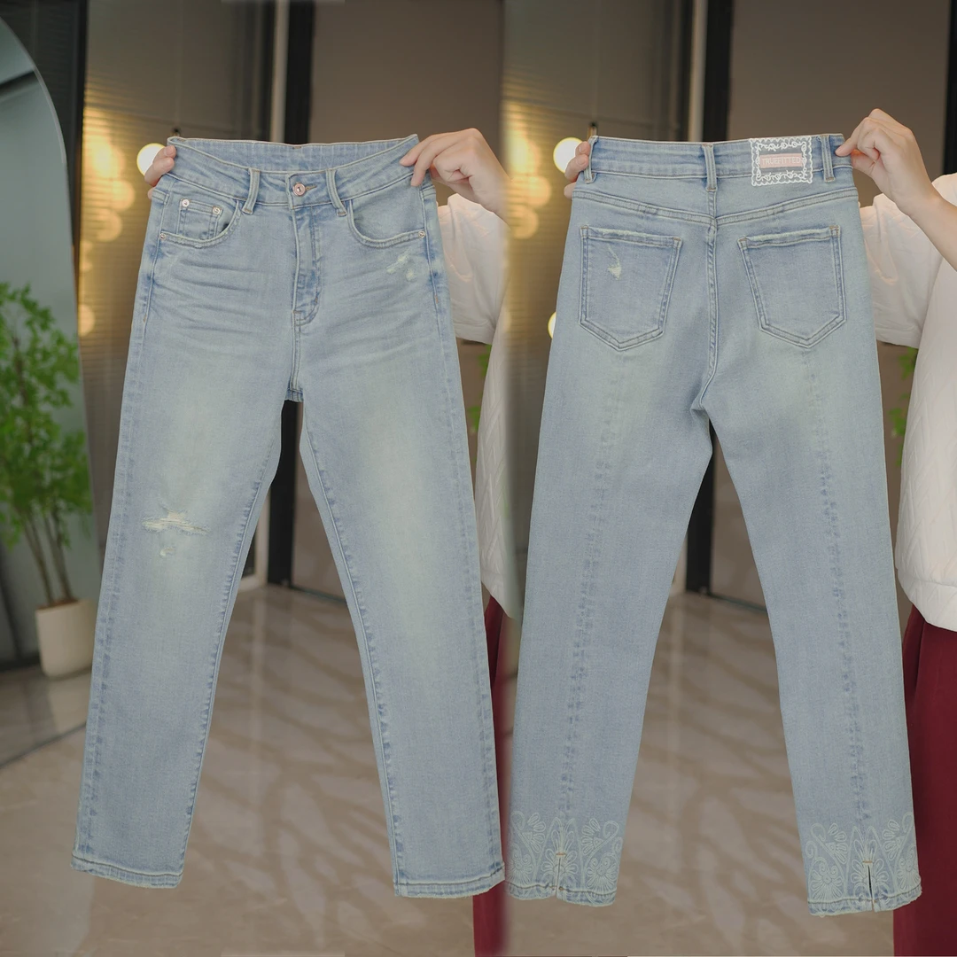 7288-2025年夏季新款烧花显腿直烟管裤显瘦百搭修身软牛仔裤爆款