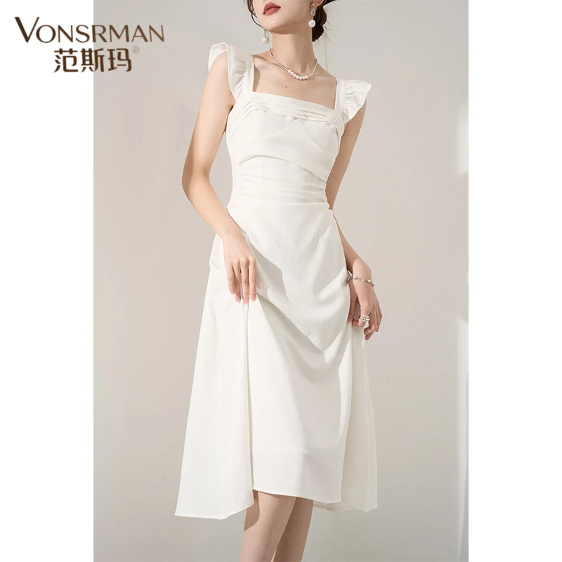 VONSRMAN法式白色飞袖连衣裙女2025漂亮气质显瘦高级感领证小白裙