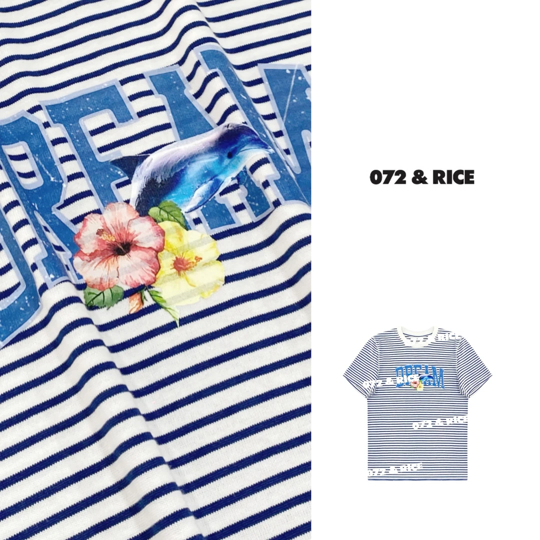 072 & RICE【花氧条】夏季休闲圆领条纹短袖T恤 32GS31