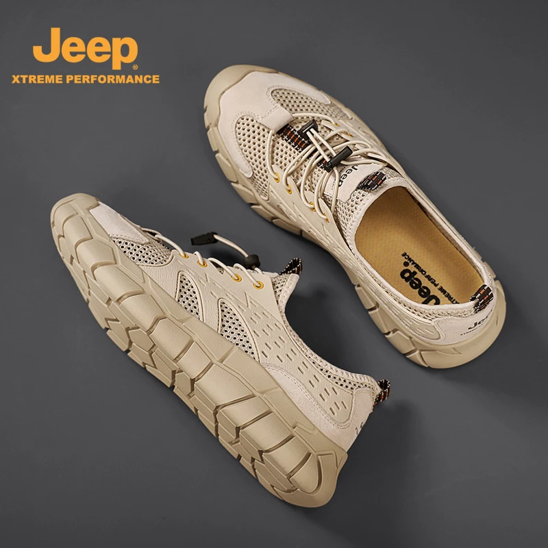 Jeep男鞋真皮2025春季新款户外徒步溯溪鞋网面透气厚底耐磨运动鞋