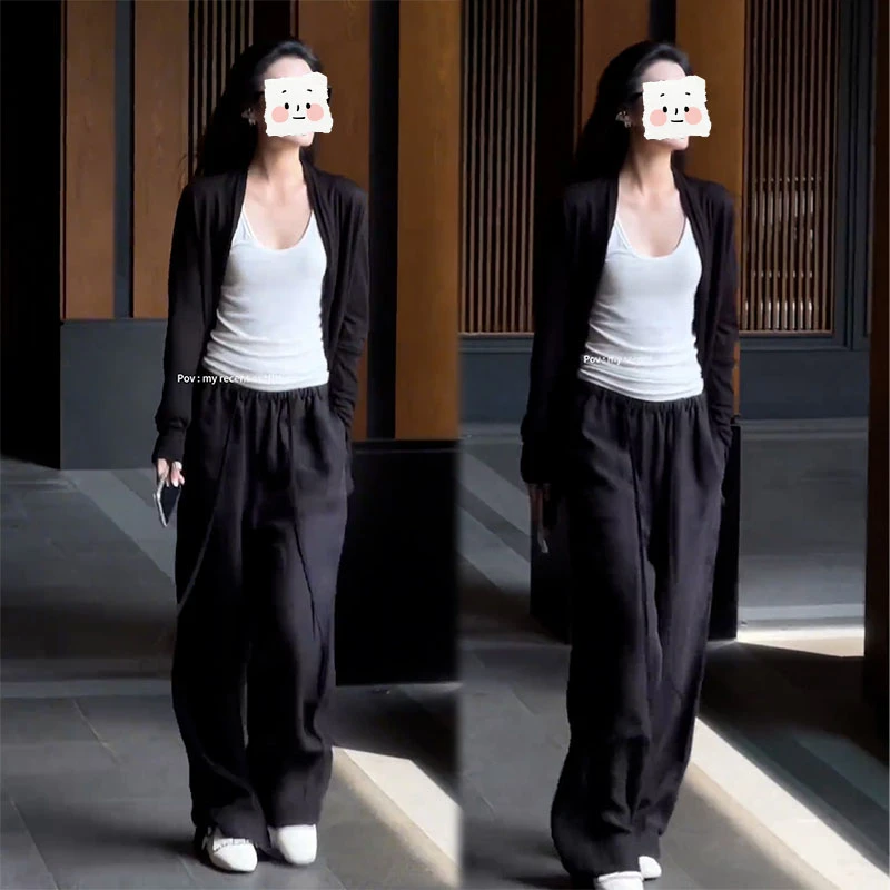 2025秋季新款设计感慵懒简约长袖开衫女内搭背心休闲阔腿裤三件套
