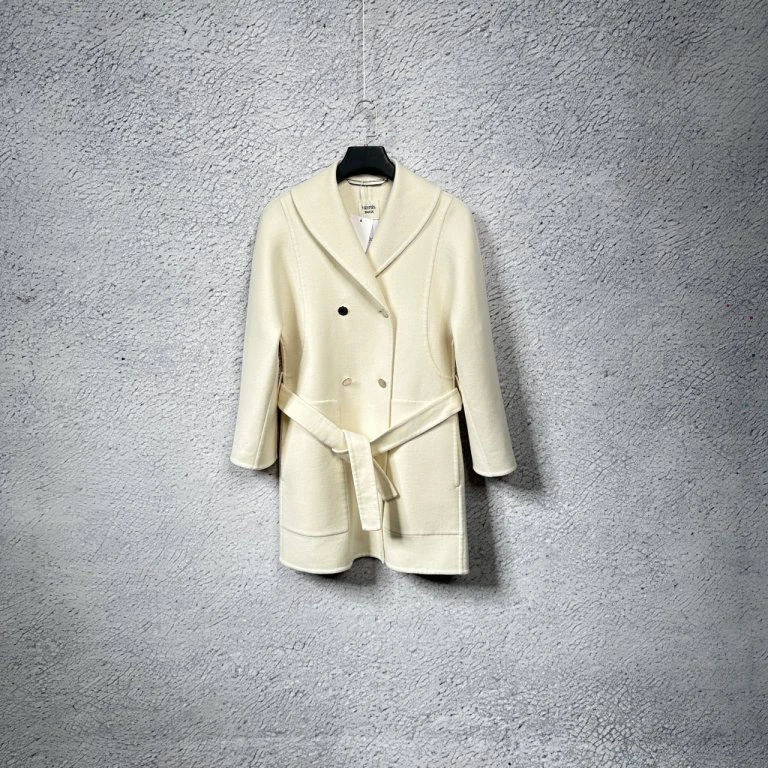 99新 Hermes/爱马仕 白色纯色羊绒长款腰带大衣/34