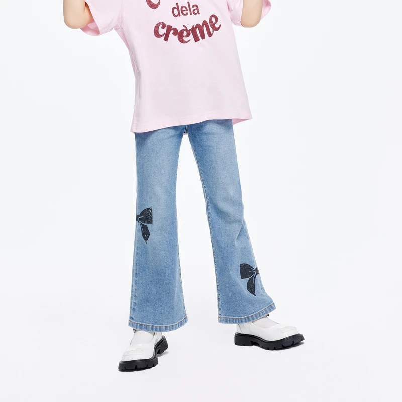 littlemoco童装秋装女童蝴蝶结微喇叭牛仔长裤