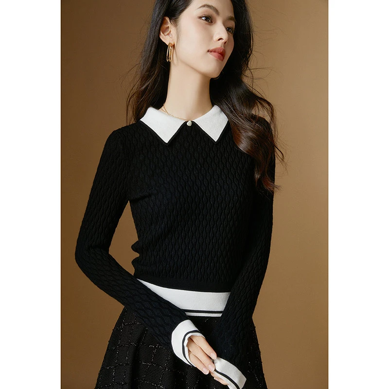 【新品】2025撞色翻领上衣套头设计感针织衫女25052559