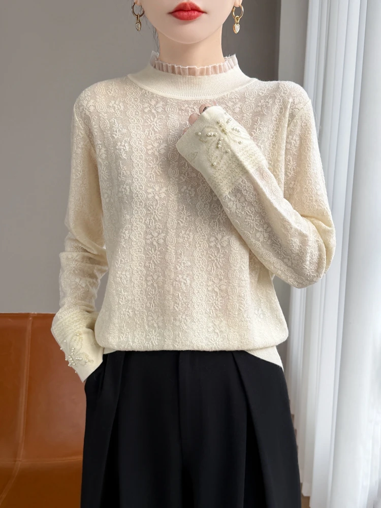 蝴蝶刺绣精纺羊毛欧根丝针织打底衫