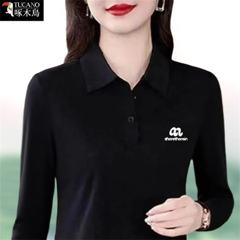 啄木鸟秋季长袖POLO衫女2025年新款翻领打底T恤时尚简约印花上衣