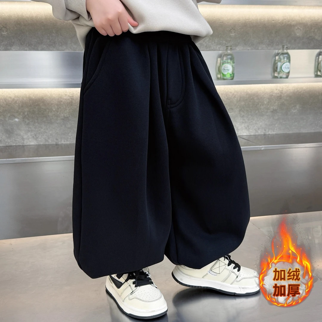 男童加绒裤子秋冬儿童韩版加厚一体绒灯笼裤2025新款男孩卫裤冬装