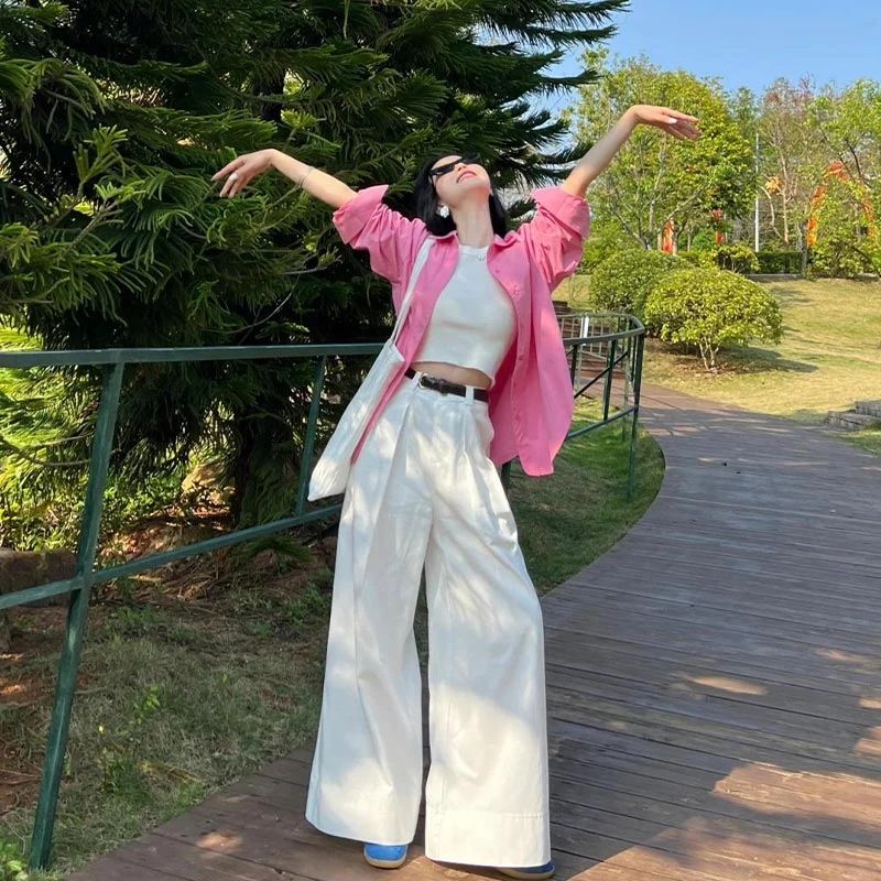 多巴胺穿搭一整套高级感气质粉色衬衫女阔腿裤子2025超火两件春装