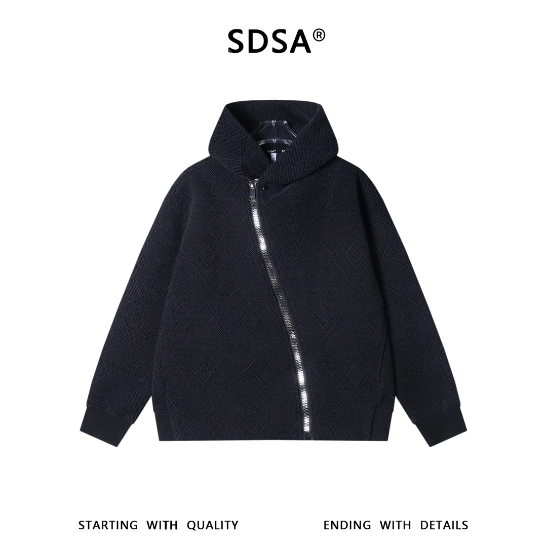 SDSA男士秋冬新款痞帅男装时尚菱形提花斜拉链连帽卫衣百搭时尚