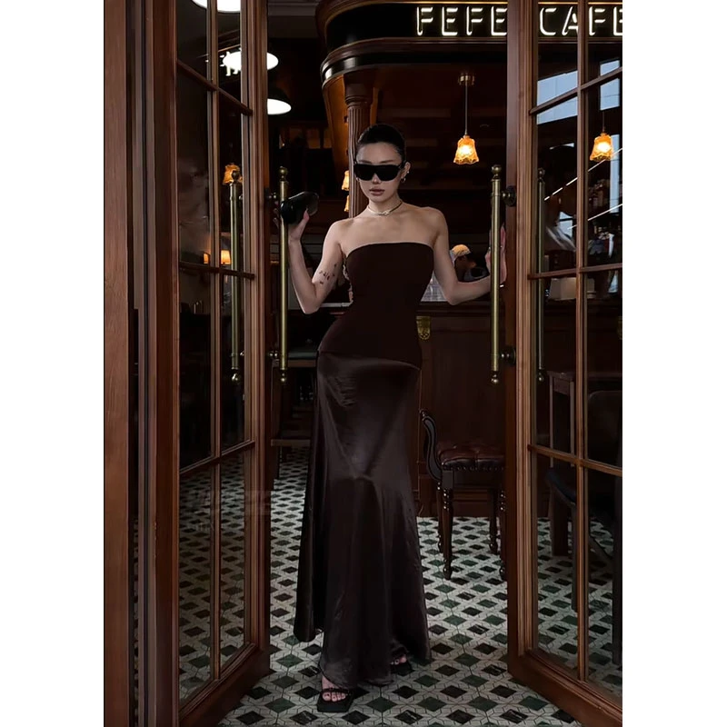 2025夏季新款ins气质御姐范性感抹胸拼接缎面长裙设计小众高级感