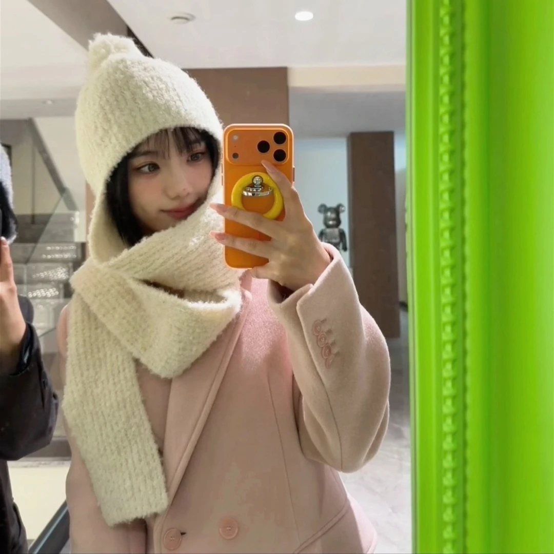 秋冬含羊毛套头帽围巾帽一体冬季针织毛线帽帽子百搭针织保暖时尚