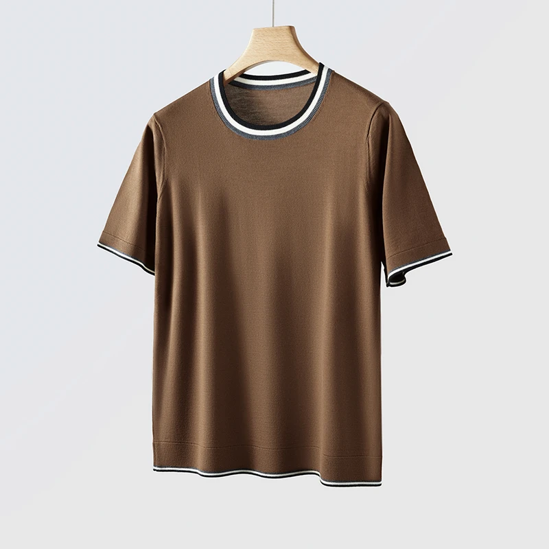 男士圆领撞色短袖夏季60支精纺100%纯羊毛针织衫T恤简约商务