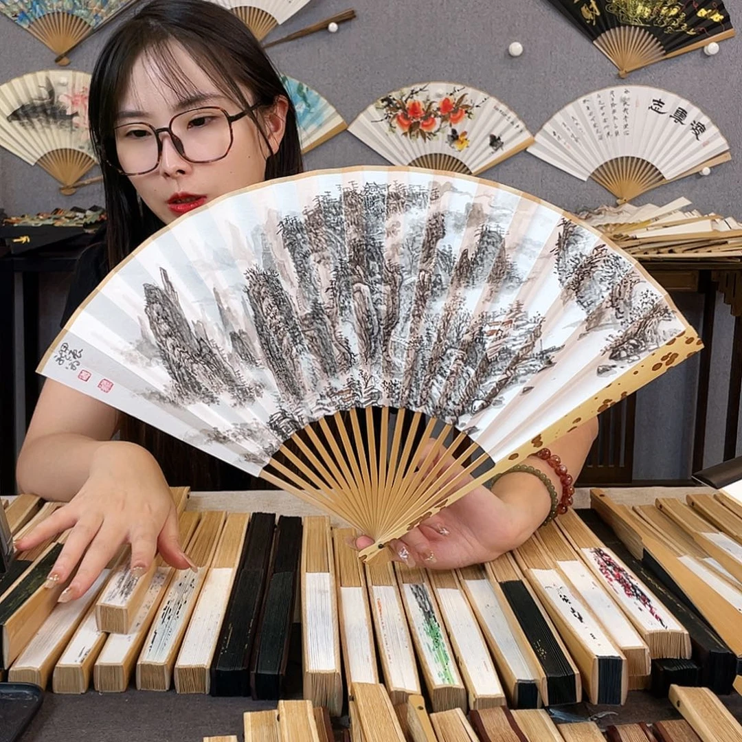 国画95寸梅妃-纯手绘-文玩扇骨（默认粘好）