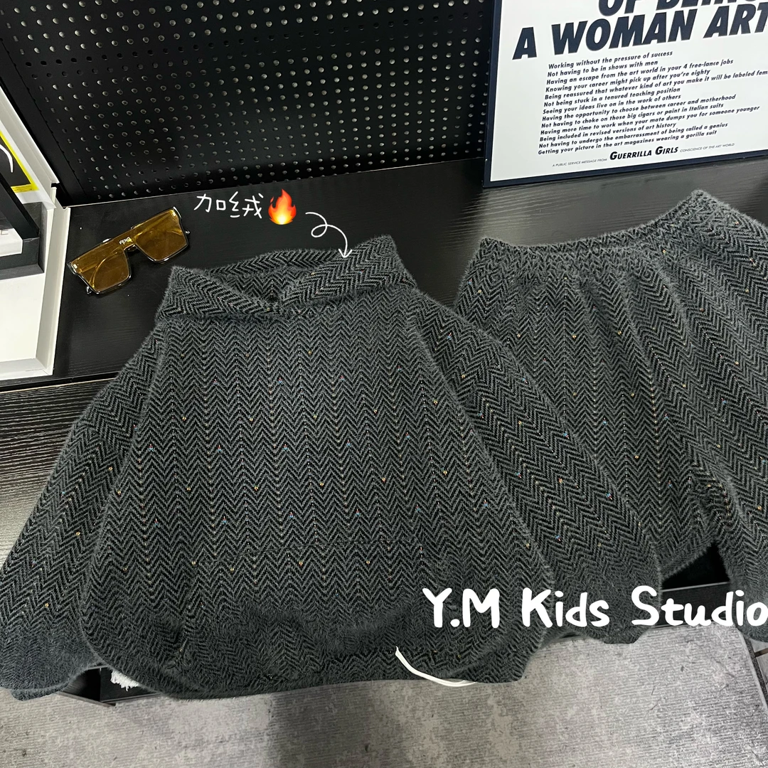 【Y.M KIDS】2025冬季新款儿童彩色人字纹毛呢卫衣卫裤男童套装