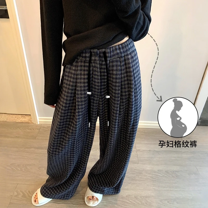 孕妇裤复古毛呢格子阔腿裤秋冬慵懒休闲加厚肌理感磨毛棉裤长裤