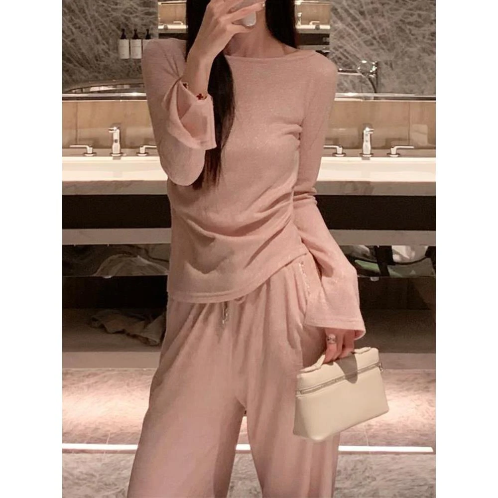 KUN【奥黛丽的周末】贵族下午茶 欧若假日风微弹银丝海棠粉色两件套