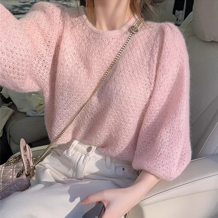 有运费险～美到极致！九分袖钩花设计感十足宽松针织衫女上衣