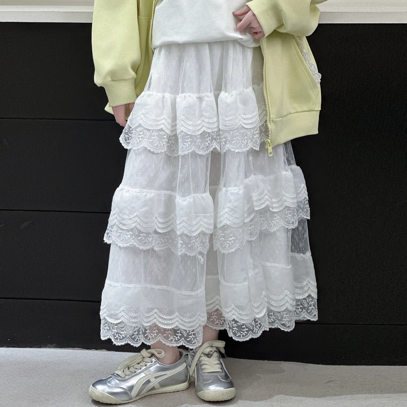 女童春秋长裙纯色公主风女孩子蛋糕裙半身裙甜美时尚白色蓬蓬裙子