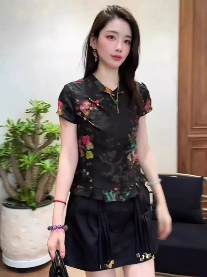 国风印花盘扣立领黑色衬衫女2025夏季新款新中式改良小众减龄上衣