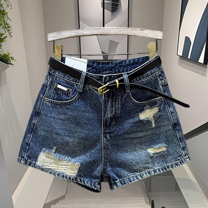 2025春夏新款韩版修身百搭复古辣妹破洞牛仔短裤女a字阔腿热裤潮