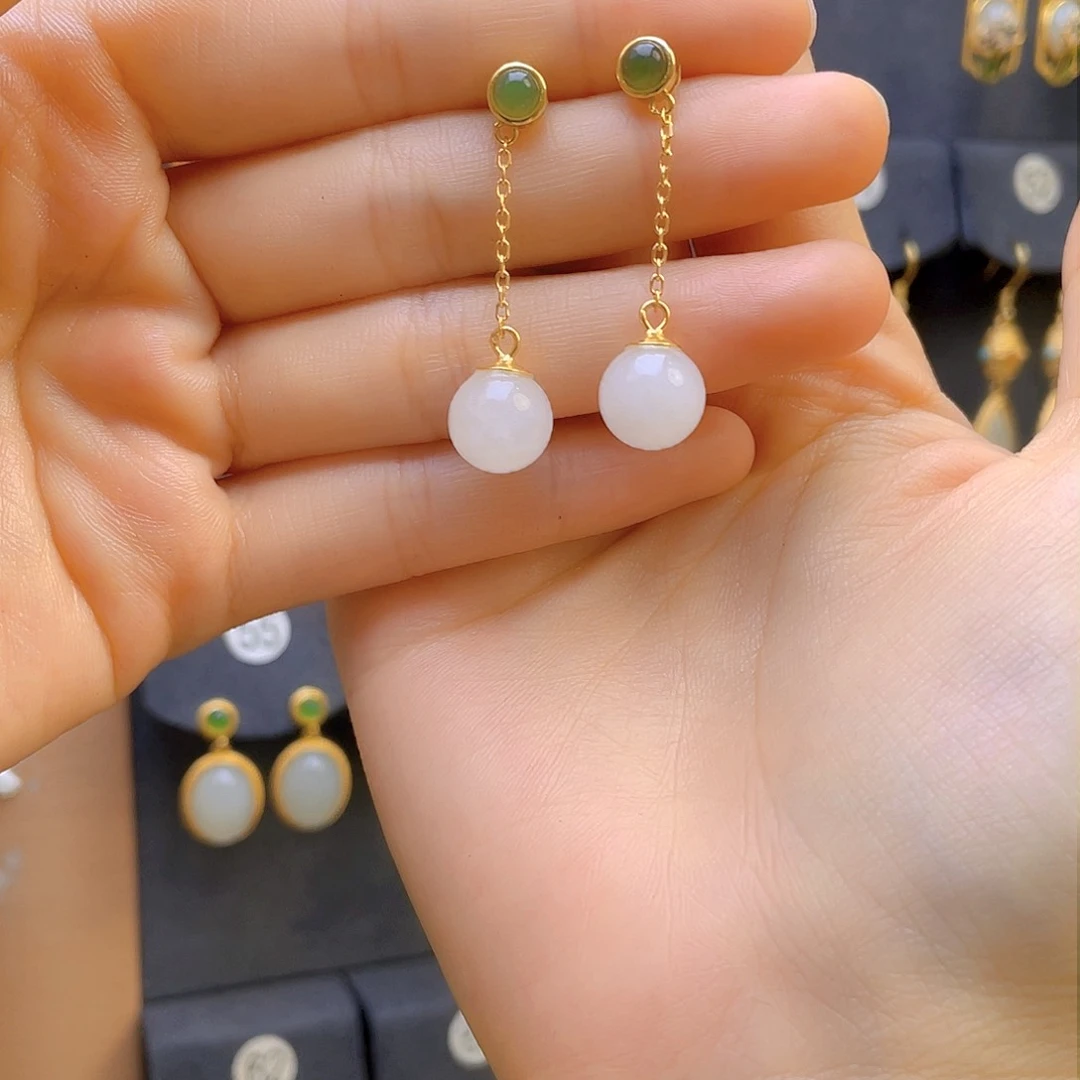 和田玉耳饰银S925镀金镶嵌