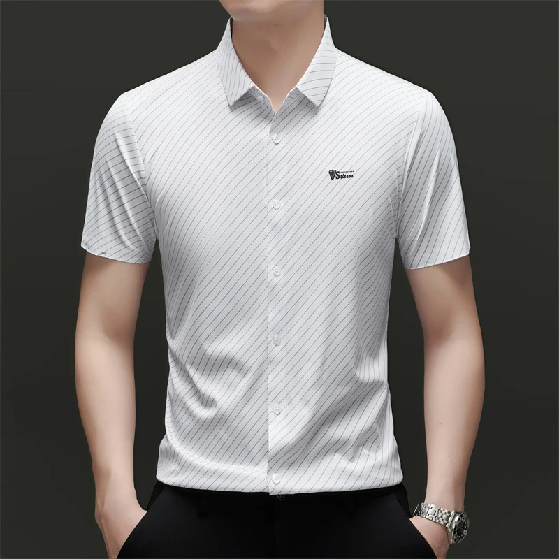 轻奢高档短袖衬衫男夏季新款翻领斜条纹无痕免烫中年男士短袖衬衣