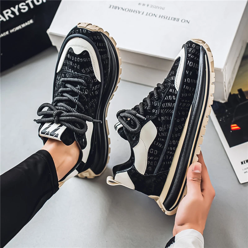 欧洲站男鞋秋季透气2025新款男士皮面运动休闲轻便软底增高老爹鞋