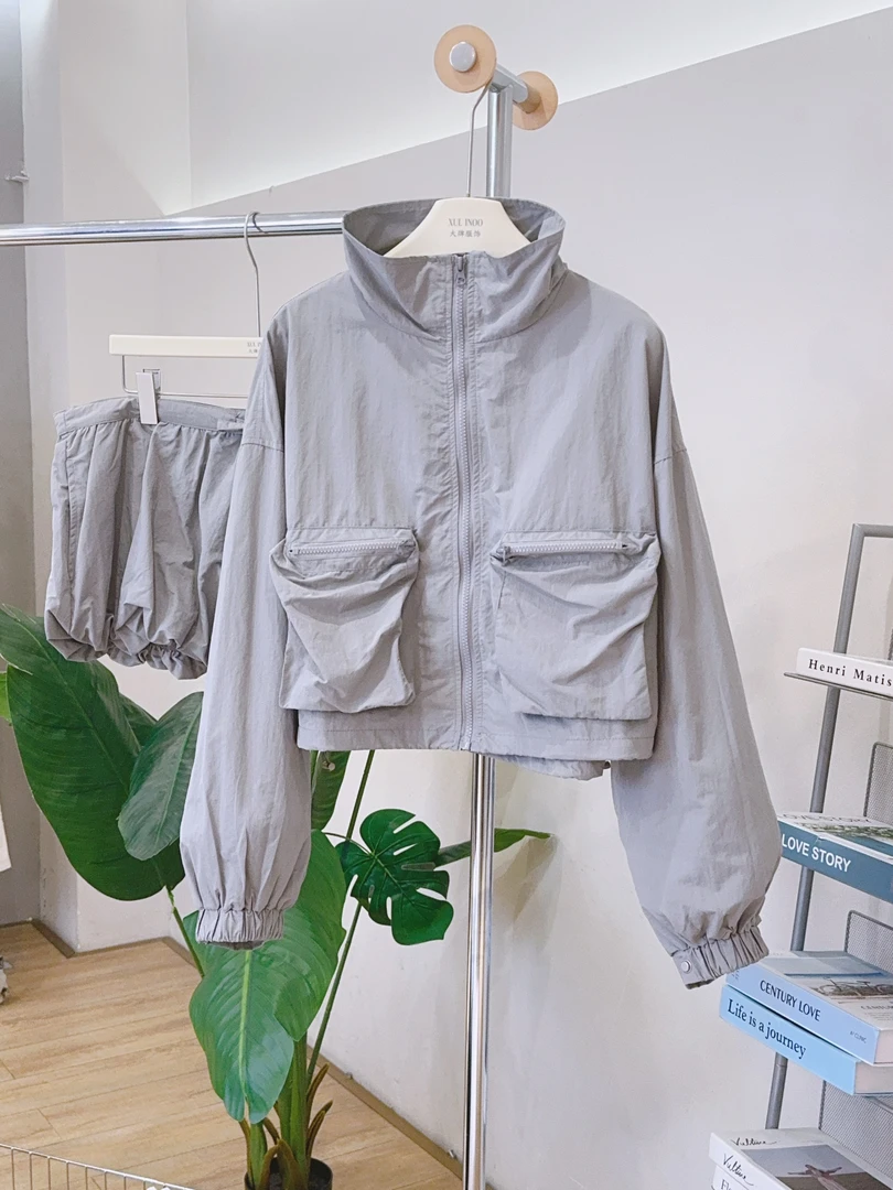 琳心丨早秋新款灰色休闲运动长袖拉链外套短裤套装 YF0721