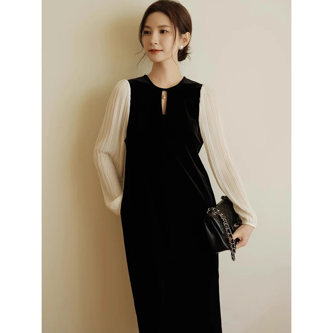 春秋气质长袖连衣裙女装2025春秋新款法式复古褶皱时尚休闲裙子潮