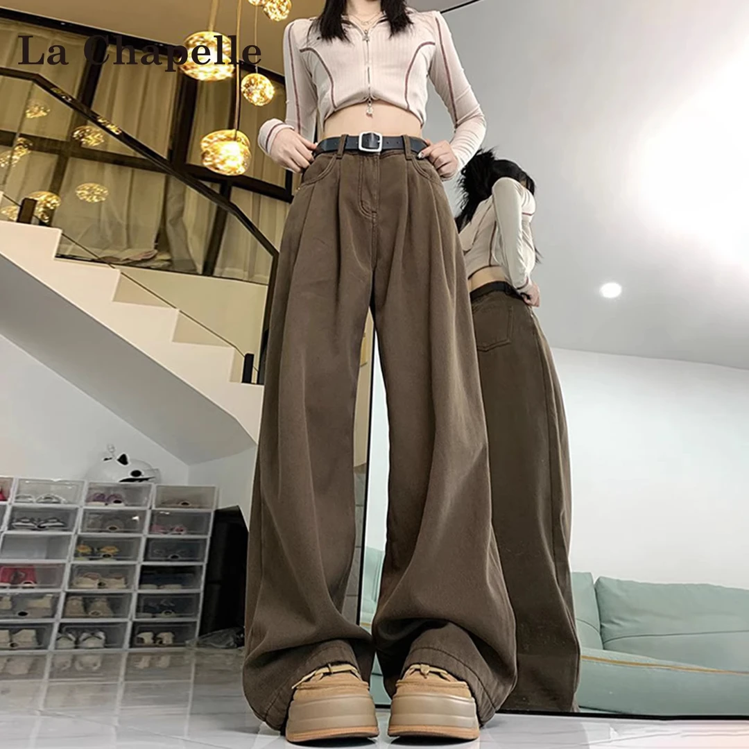 拉夏贝尔美拉德棕咖色阔腿牛仔裤女2025秋冬加绒高腰宽松直筒裤子