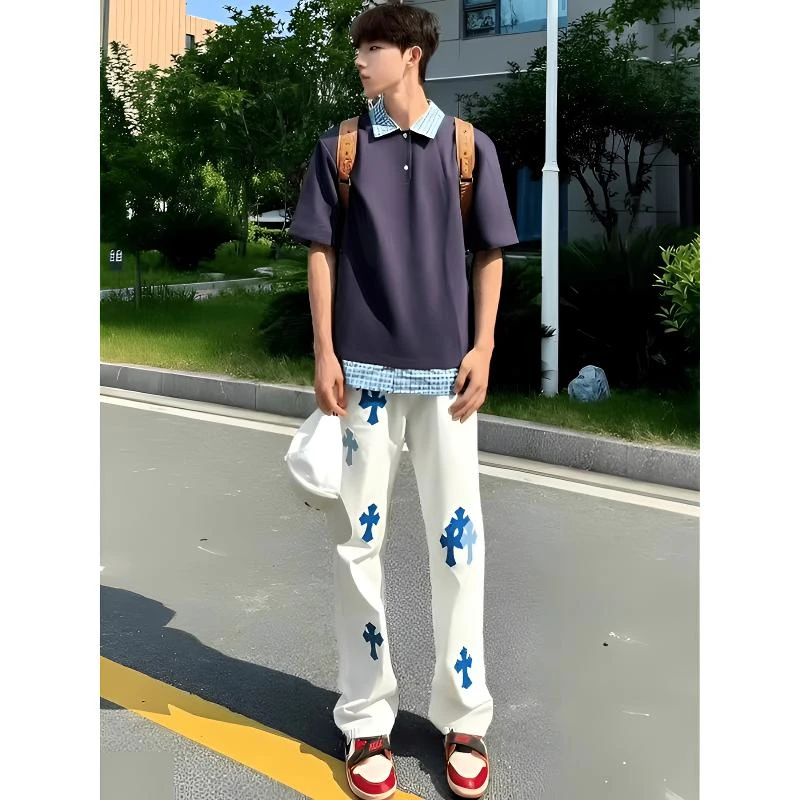 美式十字架直筒牛仔裤男款春秋季cleanfit潮牌裤子小众设计感长裤