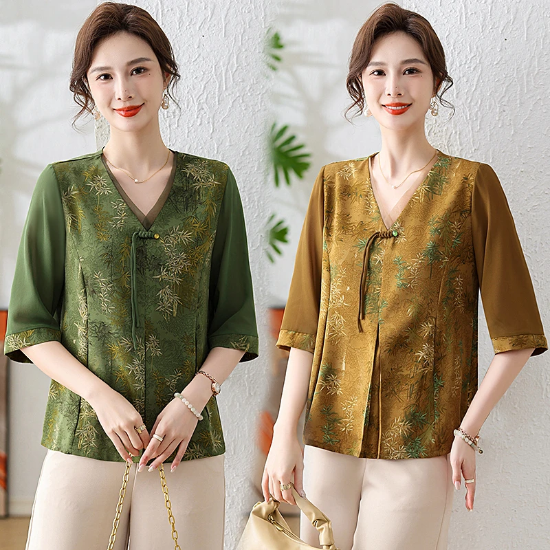 妈妈装洋气小衫中老年女装气质两件套中国风印花短袖套装夏季t恤